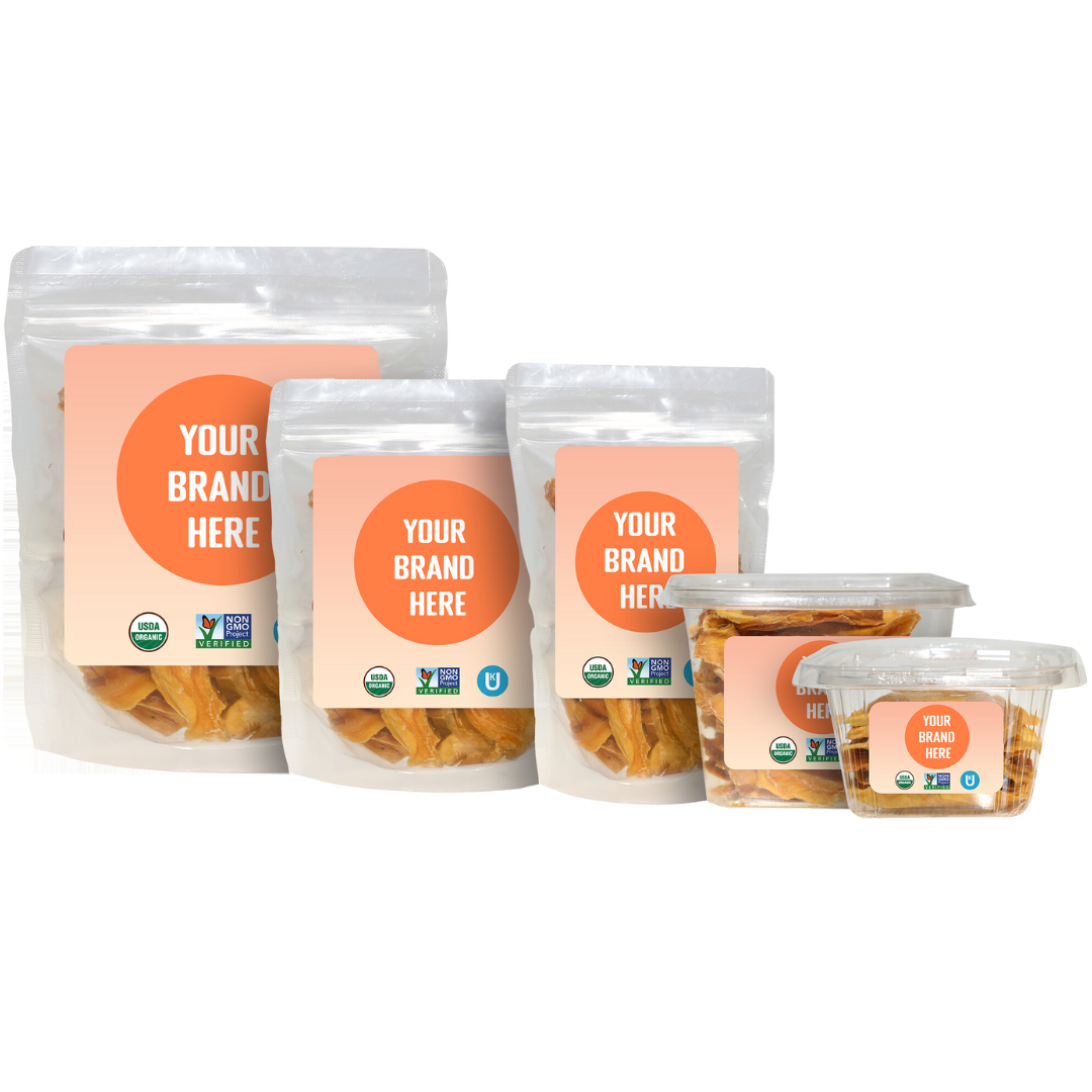 Package design options available from Off the Tree Snacks featuring USDA Organic, Non-GMO & Kosher certifications.