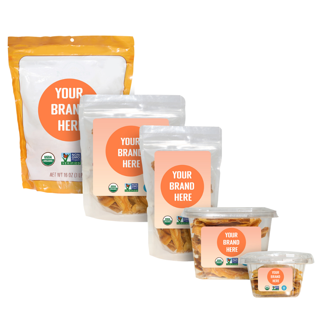 Private label options for organic dried mangoes ranging from bags to tubs. 